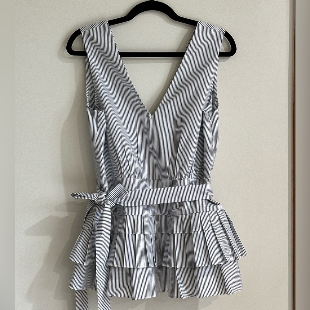 MARNI Striped Pleated Peplum Belted Cotton Top — IT 42 (US 6–8)